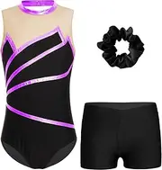 [Raenseen] 3 Pcs Gymnastics Leotard Unitard For Girls Sparkly Dance Biketards With Tumbling Shorts Activewear