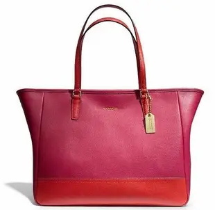 Coco小舖 COACH 23884 Saffiano Medium Colorblock Tote 莓紅色撞色 托特包