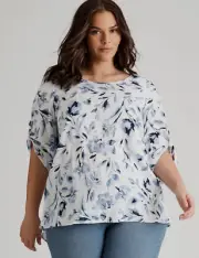 Autograph Top Plus Size 24 Button Back 3/4 Elbow Sleeve White Blue Viscose RP$85