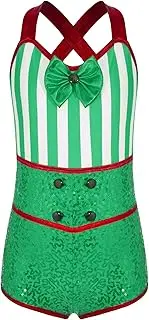 [Rswnyirn] Kids Girls Sequins Candy Cane Striped Short Unitard Biketard Gymnastic Dance Leotard Christmas Costume