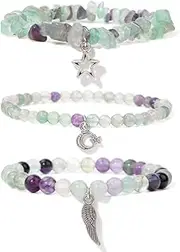 [HXSCOO] 3pcs/Set Natural Stone Beads Bracelets for Women Men Star Moon Angel Wings Charm Bracelet Set Healing Reiki Fashion Jewelry (Size : 19cm, Color : Fluorite)