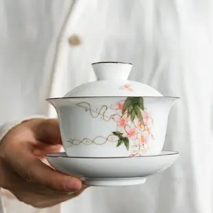 手繪青花瓷蓋碗大號茶備陶瓷功夫茶具三才碗杯敬茶碗泡茶壺茶杯