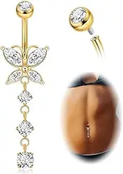 [LOREMOW] 14G Pure G23 Titanium Dangle Belly Button Rings for Women Butterfly CZ Dangle Belly Ring Internally Thread Dangling Navel Piercing Jewelry for Sensitive Skin