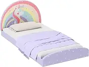 HONEY JOY Kids Twin Size Floor Bed Frame, Upholstered Floor Bed with 210D Oxford Cloth Floor Mat, Middle Support Slat, Padded Boards, Montessori Bed Frame for 3+ Kids (Purple Rainbow)