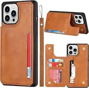 FROLAN for iPhone 13 Pro Wallet Case with Card Holder Men, Premium PU Leather Wrist Strap Kickstand Drop Protection Shockproof Phone Cover 6.1 Inch - Light Brown