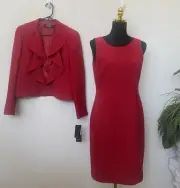 NWT Kasper Women’s Crimson Red 2 PC Open Front Ruffle Jacket & Dress Suit Size 6
