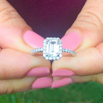 14K SOLID WHITE GOLD EMERALD CUT MOISSANITE ENGAGEMENT RING HALO PRONG 1.50CTW
