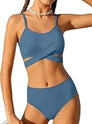 [AGERWAY] Girls Swimsuit Bathing Suits Criss Cross Bikini Set Two Piece Girls' Swimwear Solid Color Bathing Suit 7-16T
