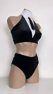 Schminke Velvet black tie set polewear pole dance crop top high waist bowtie