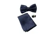 Mens Navy Checkered Matching Bow Tie, Pocket Square & Cuff Links Set