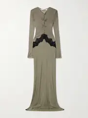 [Christopher Esber] Christopher Esber - Cutout Twist-front Lace-trimmed Ribbed-knit And Crepe Gown - Army green - UK 8 UK 8 Green