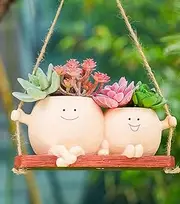 Swing Planter with Smiley Face, Cute Hanging Plant Face Pot, Mom & Chikd, for Indoor Outdoor Plants, Christmas, (Khaki)