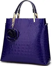 [XingChen] Shiny Patent Leather Women Handbag Crocodile Pattern Shoulder Bag Flower Pendant Top Handle Tote Satchel Purse