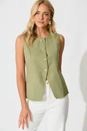 Elira Vest Sleeveless in Green Khaki Linen Blend 10