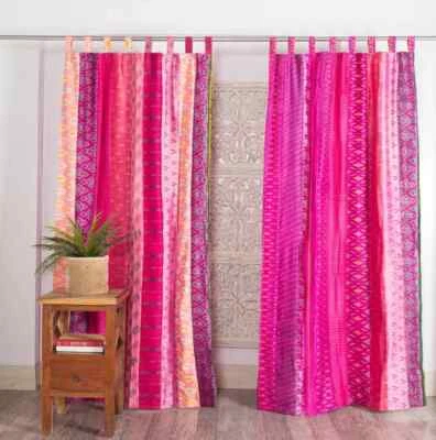 2 Pcs Indian Sari Patchwork Curtain Drape Window Decor Pink Silk Boho Curtain