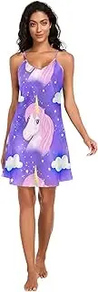 [RPLIFE] Whimsical Unicorn Pink Purple Basic Satin Slip Lingerie, Spaghetti Strap Nightgown, Sleeveless Night Shirts for Woman
