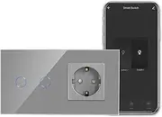 CNBINGO Smart Touch Switch with Schuko Socket Flush-Mounted with Glass Frame, WLAN Light Switch Compatible with Alexa, Google Assistant, Wall Switch Double in Grey, Neutral Conductor Required