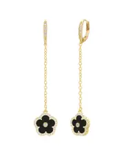 Jankuo Flower 14K Onyx CZ Long Drop Earrings