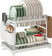 Fumitt Dish Drying Rack, 2 Tier Dish Rack with Draining Tray, Rustproof Dish Drainer Racks with Detachable Utensil Holder, Cutting Board & Cup Rack for Kitchen Over Sink Organiser (White)