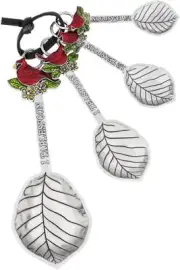 Ganz 4-Piece Set - Measuring Spoons Set, Enameled Red Cardinal and Green Leaves