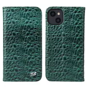 For iPhone 14 Plus Case Crocodile Pattern Genuine Cow Wallet Leather Cover Green
