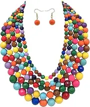 [JHWZAIY] 5 Layered Beaded Statement Chunky Necklaces For Women - Multi Strand Colorful Bead Layered Bib Necklace For Women Fashion Jewelry Costume Earring Set