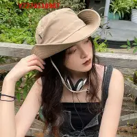 在飛比找Yahoo!奇摩拍賣優惠-牛仔帽日本夏季露營抽繩漁夫帽子男女透氣防曬戶外登山釣魚帽西部