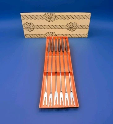 Set Of 6 MCM Westwood Wood Fondue Forks Color Coded Tips Box Japan 1971 10.5"