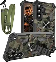 for Samsung Galaxy A36 Camouflage Case with Adjustable Crossbody Lanyard, Military-Grade Shockproof Heavy Duty Phone Case with Magnetic Kickstand for Galaxy A36, MCS Army Green