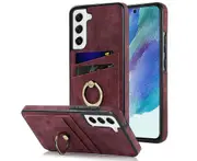 Full Protection Cover for Samsung Galaxy S21 FE, 2 Cards PU Leather Case with Ring Holder - Dark Red