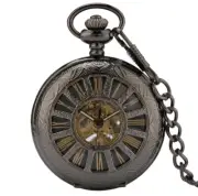 Mens Hollow Pocket Watch Auto-Winding Mechanical Steampunk Skeleton Retro Chain