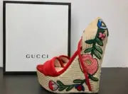 Gucci Platform Wedge Embroidered Floral Women Size US 8.5 New Authentic RARE