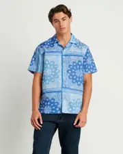 [Jag] Jag Men's Andre Linen Cotton Print Shirt In Blue Size Xs XS Blue