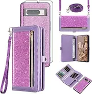 [Asuwish] Phone Case for Google Pixel 8 Pro 5G Zipper Wallet Detachable Cell Cover with Tempered Glass Screen Protector Strap Bling Glitter Flip Card Holder Pixel8Pro Pixel8 XL Eight 8Pro Women Purple