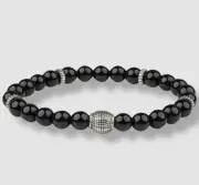 $35 Bespoke Men's Black Silver Agate Slide On 8mm Gemstone Bracelet