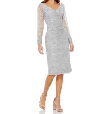 Mac Duggal Illusion Sleeve Lace Dress In Platinum Size:4 $498 NWT