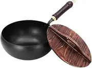Uncoated Iron Pan, 9.45 Inch Suntuup Hand-Forged Non-Stick Iron Pan Without Coating Durable and Rust-Free Cooking Wok, with Wooden Lid (1Pcs)