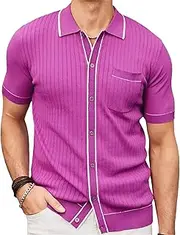[Aosufei] Men's Cardigan Knit Summer Polo Shirt Button Down Casual Golf Polo Shirts Short Sleeve Business Soft Polo Shirts, Rose Red5, Medium
