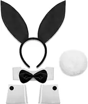 Women Bunny Costume Accessories Set, White and Black Bunny Ears Headband Collar Bow Tie Costume Cuffs Rabbit Tail for Adult Halloween Party