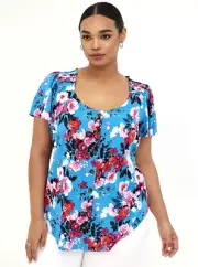 TORRID ( 4X 26) Rayon Slub Button-Front Flutter Sleeves Top Blue Floral Blouse