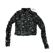 NWT DKNY Mesh Lined Sequin Long Sleeve Crop Top Size S Mock Neck