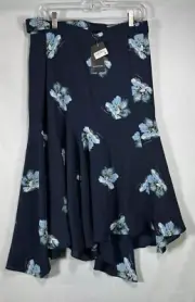 Club Monaco Women's Floral Wrap Midi Skirt Jupe Polyester Navy Blue Size 4 $169