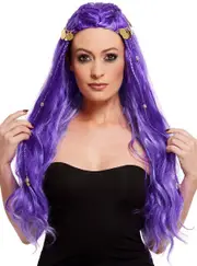 Long Purple Fortune Teller Womens Costume Wig with Coins