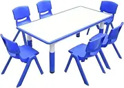 120x60cm Kids Blue Height-Adjustable Whiteboard Drawing Table & 6 Blue Chairs