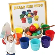 Wooden Rainbow Ball Color Matching Toy | Natural Wood Activity Cubes with Organizer Bag | Early Development Game with 7 Balls and 7 Cups, Multifunctional Matching Game for Kids