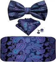 [Barry.Wang] Cummerbund Bow Tie Set for Men, Silk Cummerbund Pretied Bow Tie Pocket Square Cufflinks