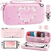 FUNDIARY Pink Carrying Case with Bunny Pattern for Nintendo Switch OLED, Hard Storage Case for Switch OLED with Hard Protective Case, Shoulder Strap, Hand Strap, Screen Protector and 2 Thumb Caps