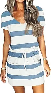 [Generic] Women's Striped V-Neck Mini Dress Short Sleeve Drawstring Waist Dress Summer Vacation Casual Dresses