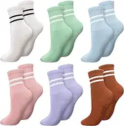 [Sureio] 6 Pairs Women Long Pilates Grip Socks with Non Slip Crew Grippy Socks with Stripe for Sports Yoga Barre Ballet