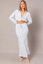 Blue Abstract Slip Skirt Maxi Drawstring Waist - Size 6, Women's Maxi Skirt